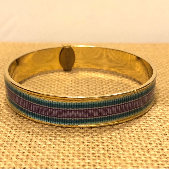 Gerard Yosca Bangle Bracelet, gold tone w/ grosgrain ribbon inlay purple & green - Picture 10 of 11